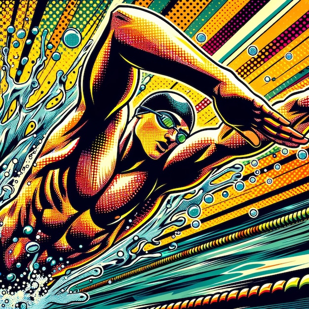 スタイライズされたポップアートの水上シーンでダイナミックな水泳選手