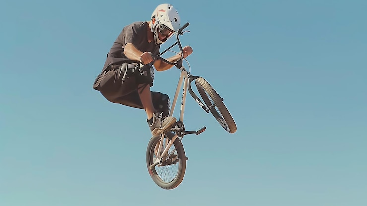 Photo バイクのトリックと装備を展示するbmxライダーのダイナミック・トラッキング・ショット