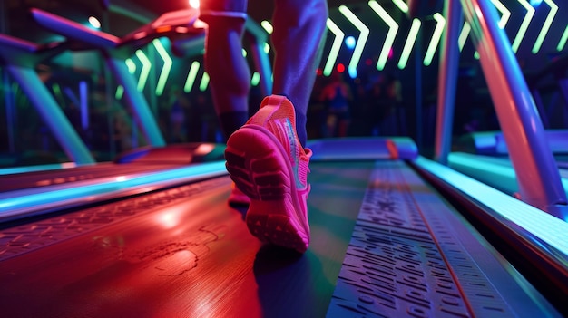 Foto allenamento dinamico sul tapis roulant in una palestra illuminata al neon