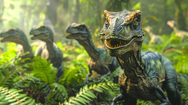 Dynamic Velociraptor pack hunting in dense foliage