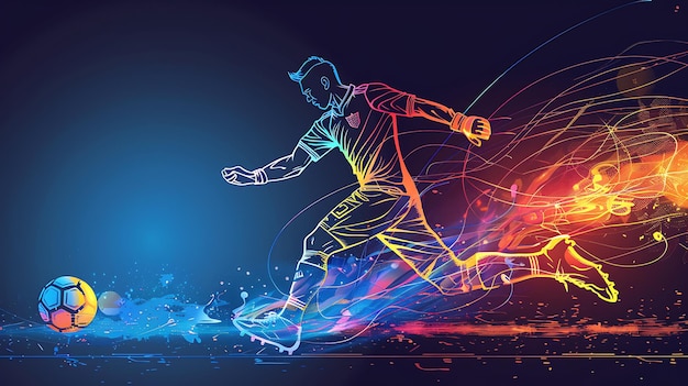 ダイナミックで活発なサッカー選手のイラスト. 選手は右足でボールをキックしようとしている中間ストライドで描かれています.