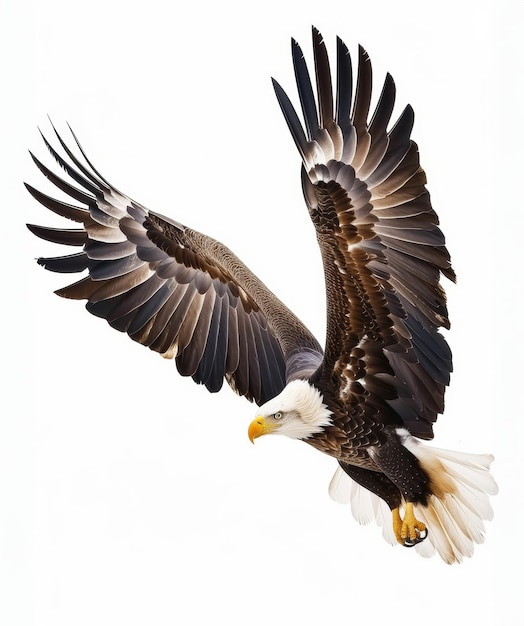 Photo dynamic view of a bald eagle in flight with wings spread wide against a clear background