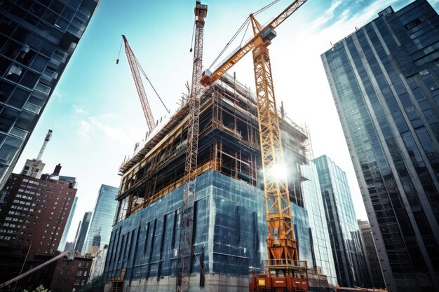 Dynamic view of construction cranes in action near skyscraper emphasizing towering heights