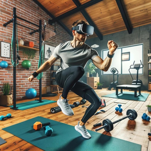 Photo dynamic vr workout at home man engages in virtual fitness training