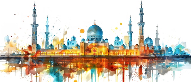 Dynamic watercolor depiction of a mosque over a white backdrop with reflection over white setting and space Generative AI