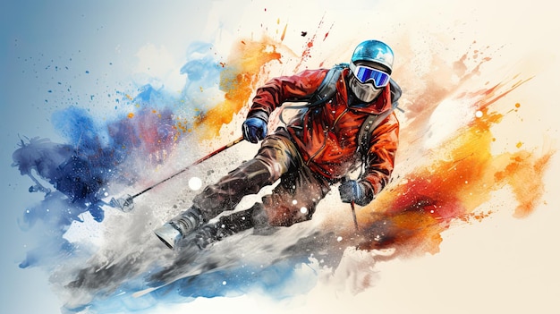 Dynamic watercolor illustration of skiing in snowy mountains