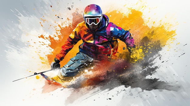 Dynamic watercolor illustration of snowboarding in snowy mountains