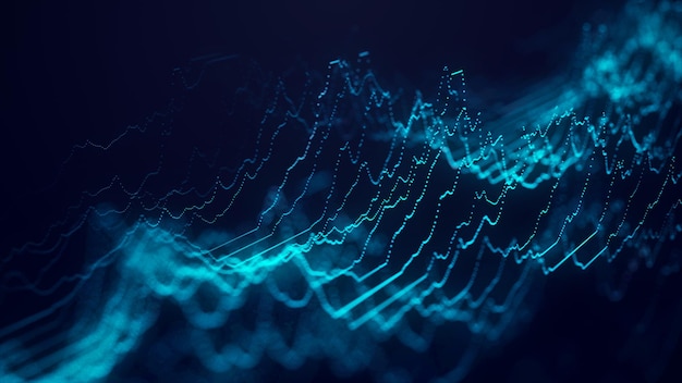 デジタル粒子の動的な波ネットワーク接続抽象的な技術的な青い背景ビッグデータの可視化波の流れ3Dレンダリング