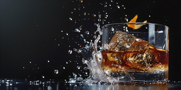 ディナミック・ウィスキー・スプラッシュ・イン・グラス・オン・ダーク・バックグラウンド (Dynamic whiskey splash in glass on dark background) は広告用に最適なクローズアップ・フリーズ・モーションをキャプチャーしている