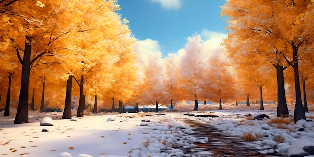 Photo dynamic winter landscape that shifts from the vibrant colors with falling leaves and snow in winter