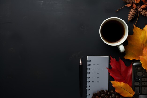 Photo dynamic work environment captivating autumnthemed modern office desk for enhanced productivity