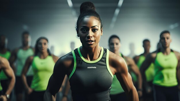 Dynamic workout class with light green and black fitness trainer