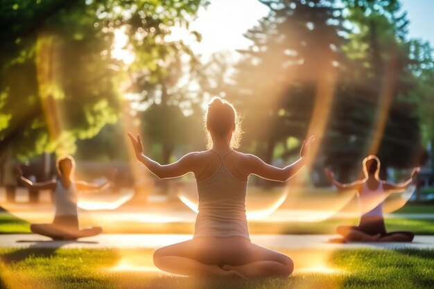 A dynamic yoga class taking place in a city park