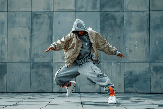 Dynamic young male hip hop dancer in grey attire performing against urban backdrop