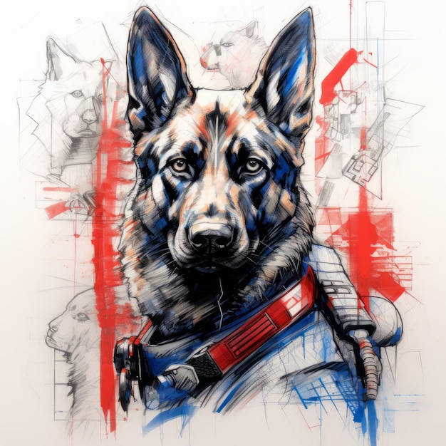 Photo dynamically marveling french police a bw and bluered sketch of a heroic dog