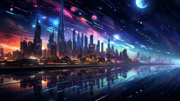 Dynamisch stadsbeeld's nachts met neonlichten