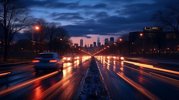 Dynamisch stadsbeeld's nachts met wazige autolampen, gloeiende straatlantaarns en schitterende verlichting