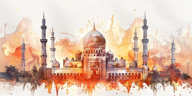 Dynamische aquarel afbeelding van een moskee op een witte achtergrond met reflectie over witte omgeving en ruimte Generatieve AI