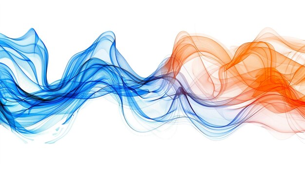Dynamische blauwe en oranje spectrumgolflijnen met een gevoel van energie geïsoleerd op een vaste witte achtergrond