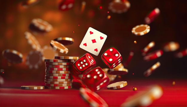 dynamische casinoscène met speelkaarten, fiches en dobbelstenen die op de achtergrond vliegen