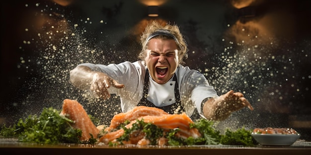 Dynamische chef-kok in actie koken met passie in een restaurant keuken ingrediënten vliegen culinaire magie gebeurt AI