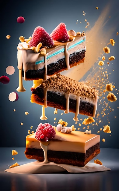 Foto dynamische dessertfotografie met lagen dessert bevroren in de lucht met bokeh twee cakes