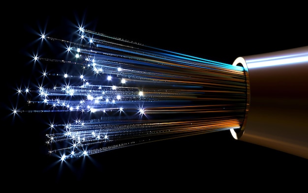 Dynamische glasvezelkabel met stralende lichtstralen Hoge snelheidsgegevensoverdracht in technologie en telecommunicatie