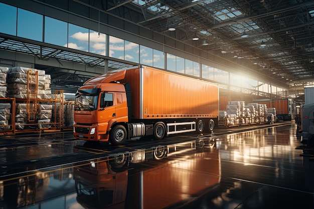 Dynamische logistieke hub vrachtwagens die goederen laden die door magazijnen bewegen arbeiders die orkestreren gegenereerd met AI