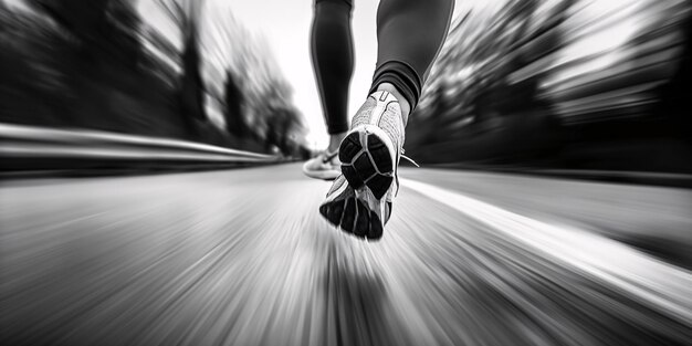 Foto dynamische loopschoenen in actie op trottoir met motion blur