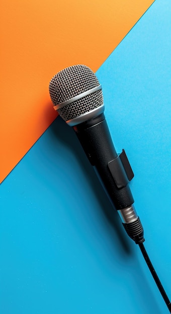 Dynamische microfoon met een levendige oranje en blauwe achtergrond ideaal voor muziek podcasts en audio thema's