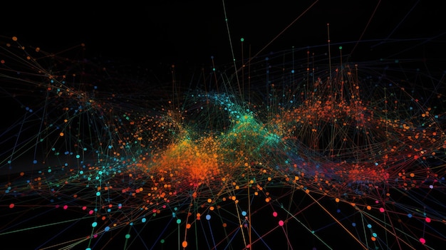 Dynamische onderling verbonden punten Abstracte weergave van futuristische grote taalmodellen met levendige kleuren