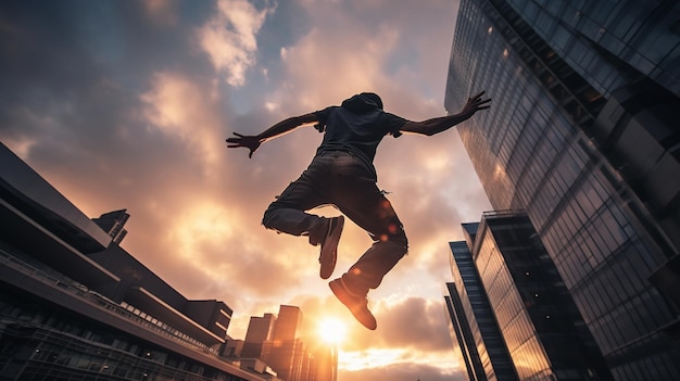 Dynamische parkour-actie vastgelegd in de lucht