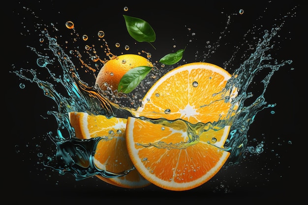 Dynamische plons water met schijfjes sinaasappelGemaakt met behulp van Generative AI-technologie