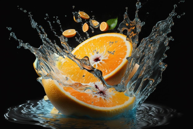 Dynamische plons water met schijfjes sinaasappelGemaakt met behulp van Generative AI-technologie