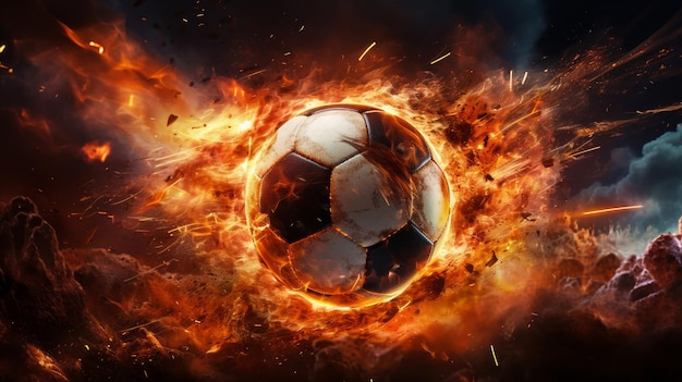 Dynamische scène van een voetbal met vonken die vliegen alsof ze met hoge snelheid op een vurig rood veld worden gepasseerd