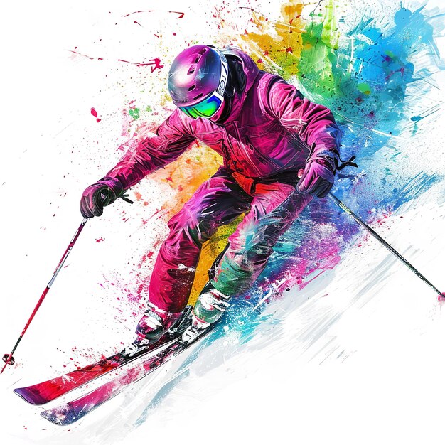 Dynamische ski-illustratie levendige splashes van kleur tonen beweging en energie
