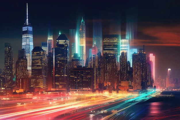 Dynamische skyline van de stad in de schemering met kleurrijke strepen Generatieve AI