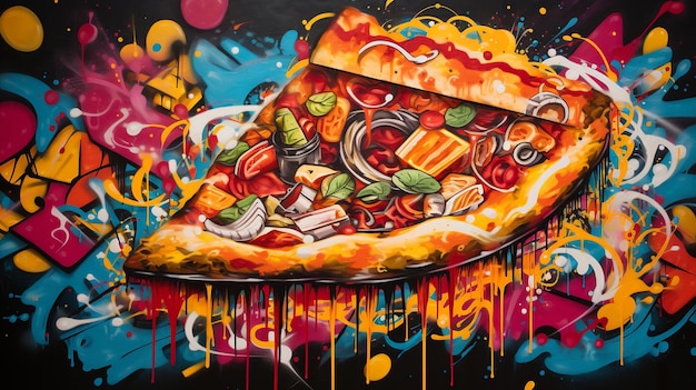 Dynamische straatkunst HyperDetailleerde pizza-slice te midden van levendige graffiti-swirls
