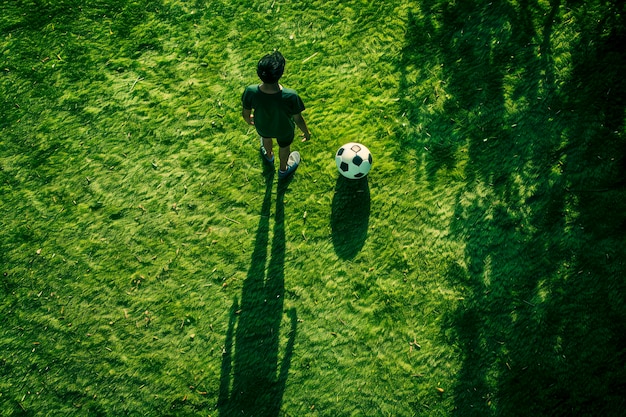 Dynamische voetballer met bal op het veld De essentie van voetbal spelen