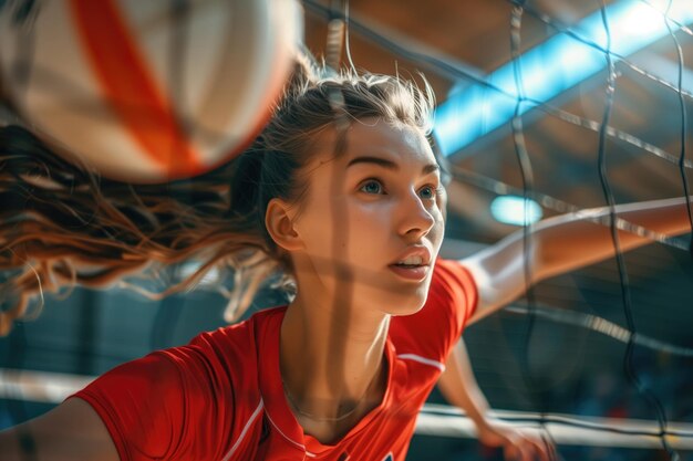 Foto dynamische volley intense momenten in sportvrouwen closeup achtervolging