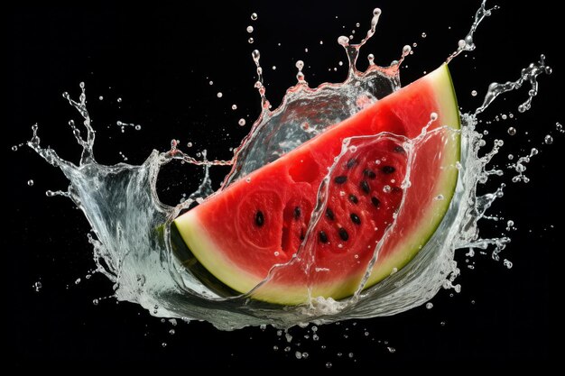 Dynamische Watermeloen Splash Watermeloen op een donkere achtergrond met Water Splash Generative AI