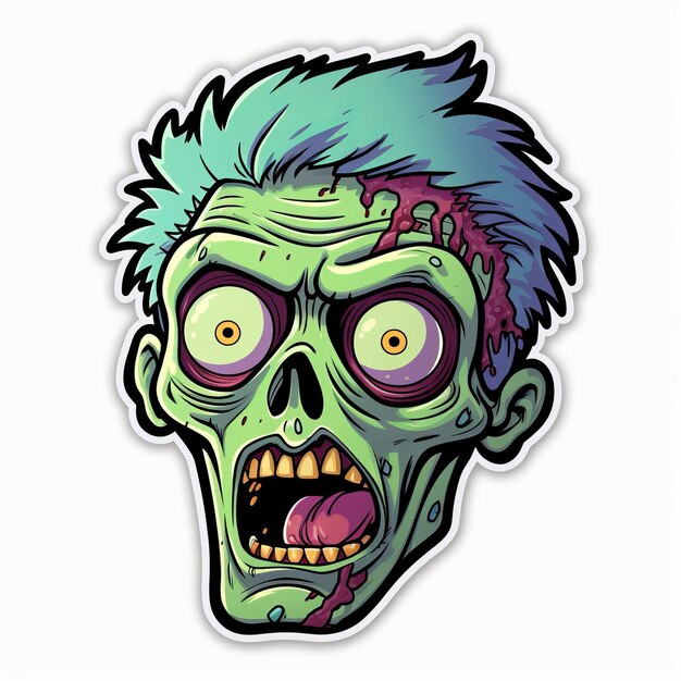 Foto dynamische zombie face sticker in licht paarse en groene cartoon stijl