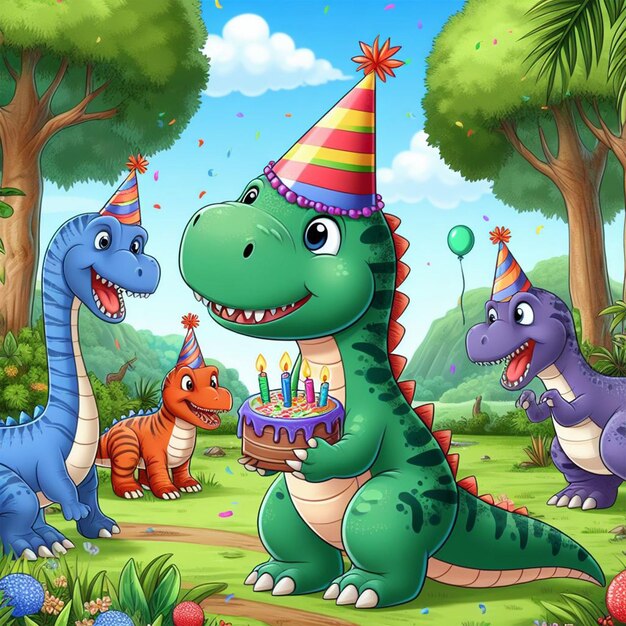 Photo dyno celebrating birthday in a forest cartoon illustration for school story book ai images
