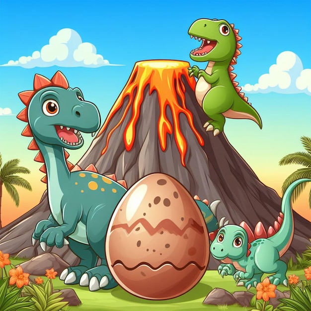Фото Мультфильм о яйце дино вблизи вулкана с мультфильмами о динозаврах