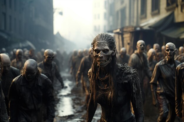 Foto una scena fantastica di apocalisse distopica con un'orda di zombi minacciosi che camminano lentamente verso un bersaglio incerto generato con ai