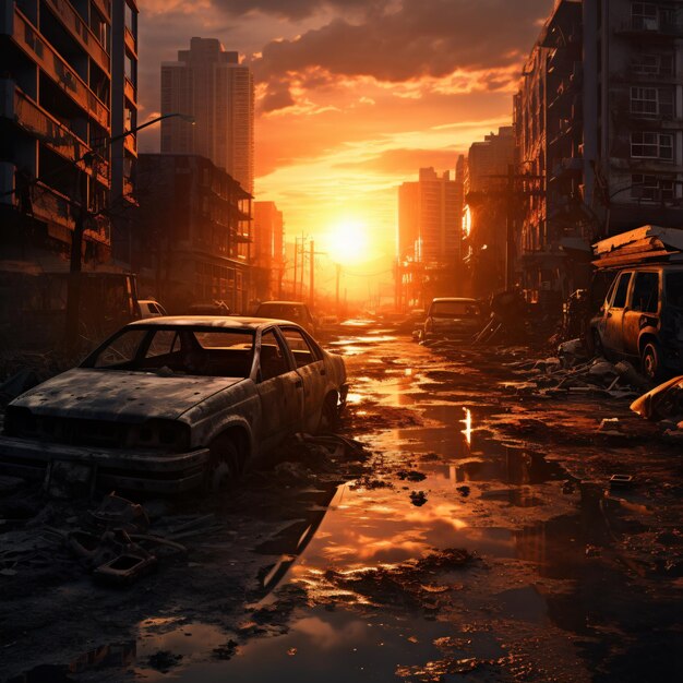 Photo dystopian city in sunset with abandoned cars