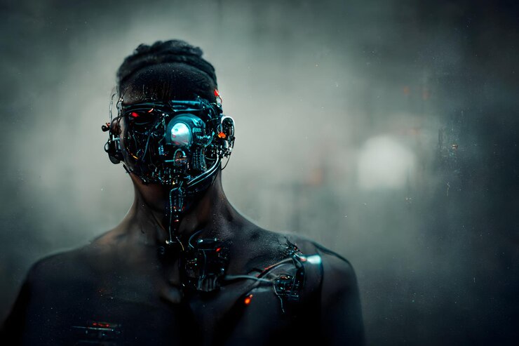 Photo dystopian cyber augmented man neural network generated art