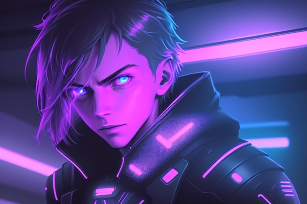 dystopian dream of cyborg boy dystopian future city illuminated by neon lights background neonoi