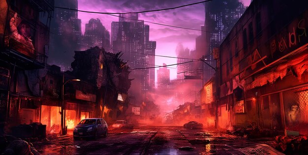 Cyberpunk streets, futuristic city, wallpaper, rain, foggy, dystopia, moody  empty future, art illustration Stock Illustration