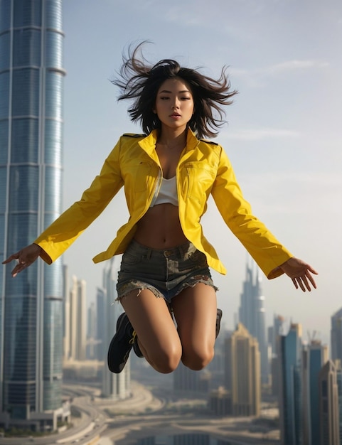 Dystopian girl with brown short hair wear yellow jacket at urban background 71